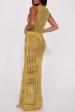 Желтое сексуальное сплошное выдолбленное прозрачное длинное платье с круглым вырезом Платья