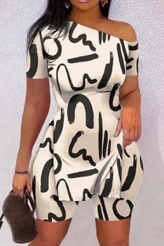 Apricot Casual Print Slit Oblique Collar Short Sleeve Two Pieces
