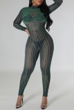 Green Sexy Print See-through Half A Turtleneck Skinny Jumpsuits