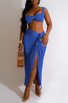 Blue Sexy Solid Patchwork Fold Asymmetrical Spaghetti Strap Sleeveless Two Pieces