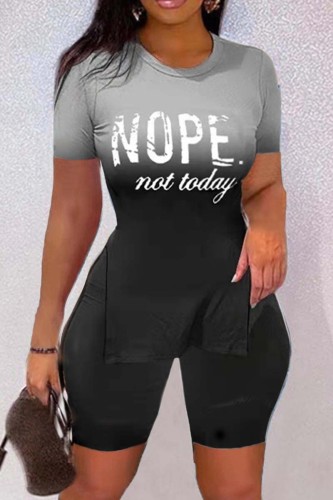 Black Casual Print Slit O Neck Short Sleeve Two Pieces