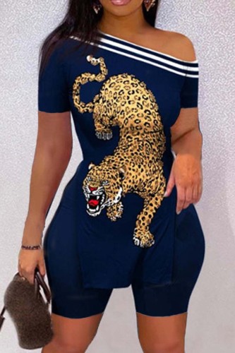 Tibetan Blue Casual Print Slit Oblique Collar Short Sleeve Two Pieces