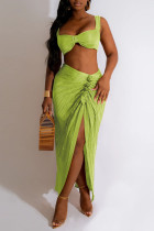 Light Green Sexy Solid Patchwork Fold Asymmetrical Spaghetti Strap Sleeveless Two Pieces