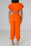 Orange Casual Solid Frenulum V Neck Short Sleeve Two Pieces