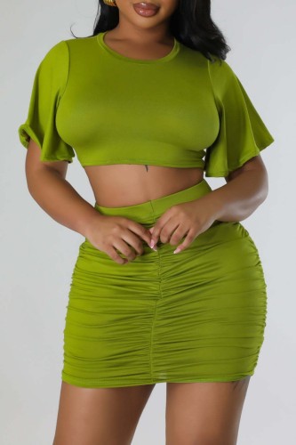 Army Green Sexy Casual Solid Fold O Neck Short Sleeve Two Pieces