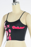 Black Red Sexy Casual Print Backless Vests Spaghetti Strap Tops
