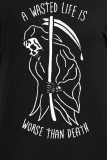 T-shirts décontractés à col rond en patchwork de crâne à imprimé vintage noir