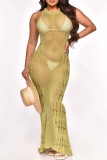 Желтое сексуальное сплошное выдолбленное прозрачное длинное платье с круглым вырезом Платья