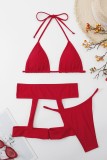Red Sexy Solid Bandage Patchwork Backless Swimsuit Three Piece Set (With Paddings)
