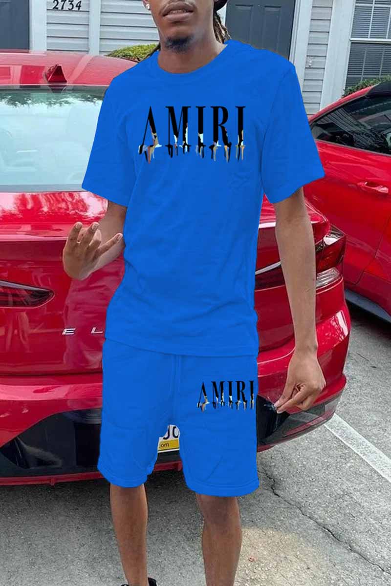 

Royal Blue Casual Print Letter O Neck Short Sleeve Two Pieces
