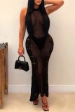 Vestido longo preto sexy liso vazado transparente com decote em O