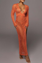 オレンジのセクシーなソリッド包帯くり抜きパッチワーク V ネックワンステップスカートドレス