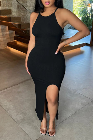 Black Sexy Solid Patchwork Slit Spaghetti Strap Pencil Skirt Dresses