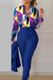 Sky Blue Casual Print Patchwork Buckle With Belt Turndown Collar Long Sleeve Two Pieces(Without Coat)
