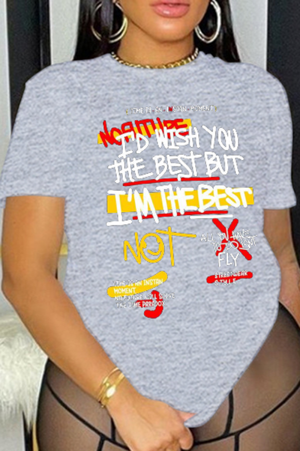 Серые футболки Street с повседневным принтом в стиле пэчворк и буквенным o-образным вырезом