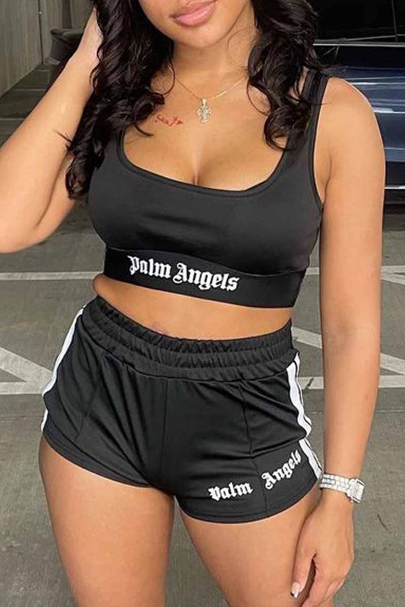 

Black Street Print Letter U Neck Sleeveless Two Pieces