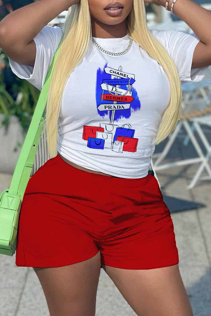 

White Red Casual Print Letter O Neck Short Sleeve Two Pieces
