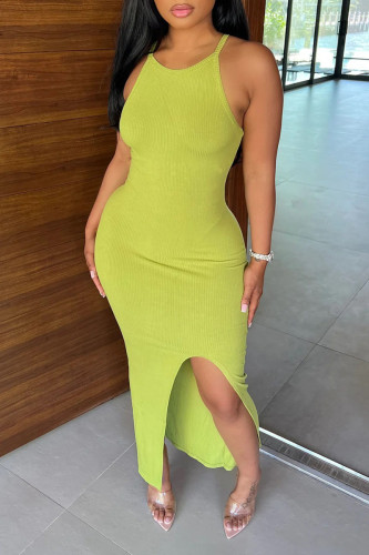 Green Yellow Sexy Solid Patchwork Slit Spaghetti Strap Pencil Skirt Dresses