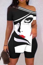 Black White Casual Print Slit Oblique Collar Short Sleeve Two Pieces