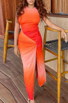 Tangerine Red Sexy Gradual Change Patchwork O Neck Taille Jupe Robes