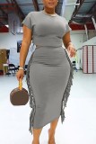 Grey Casual Solid Tassel Patchwork O Neck Two Pieces
