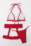 Conjunto de tres piezas de traje de baño sin espalda de patchwork de vendaje sólido sexy rojo (con rellenos)