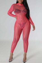 Red Sexy Print See-through Half A Turtleneck Skinny Jumpsuits
