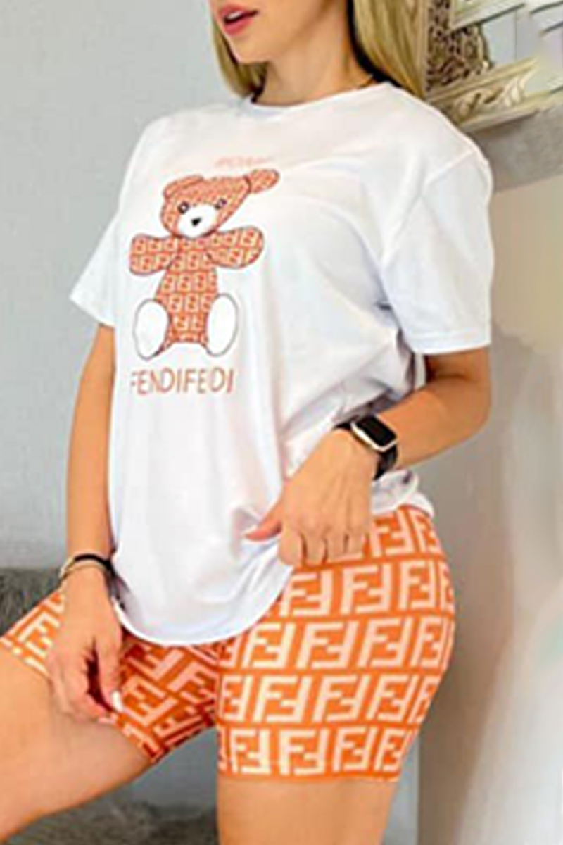 

Orange Casual Print Letter O Neck Short Sleeve Two Pieces
