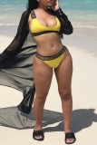 Желтые купальники с открытой спиной в стиле пэчворк с сексуальным принтом