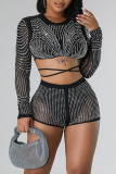 Black Sexy Solid Bandage Patchwork See-through Hot Drill Long Sleeve Two Pieces