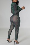 Green Sexy Print See-through Half A Turtleneck Skinny Jumpsuits