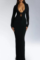 Черное сексуальное простое однотонное платье-юбка с V-образным вырезом и уздечкой