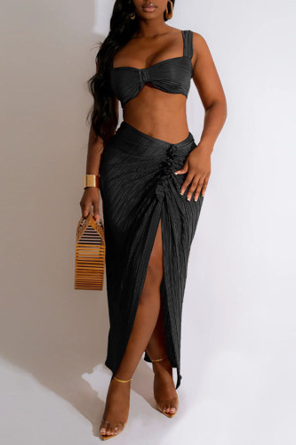 Black Sexy Solid Patchwork Fold Asymmetrical Spaghetti Strap Sleeveless Two Pieces