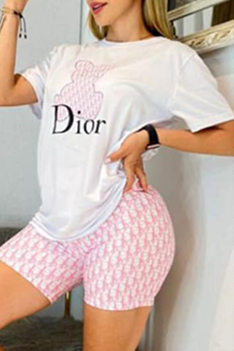 

Pink Casual Print Letter O Neck Short Sleeve Two Pieces
