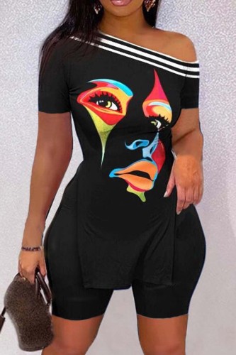 Black Casual Print Slit Oblique Collar Short Sleeve Two Pieces