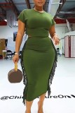 Khaki Casual Solid Tassel Patchwork O Neck Two Pieces