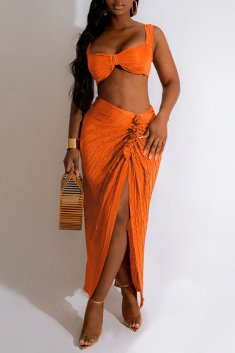 Tangerine Red Sexy Solid Patchwork Fold Asymmetrical Spaghetti Strap Sleeveless Two Pieces