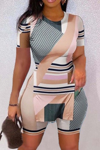 Apricot Casual Print Slit O Neck Short Sleeve Two Pieces