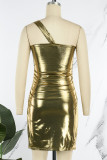 Серебряный сексуальный сплошной выдолбленный лоскутный косой воротник юбка-карандаш платья