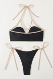 Черный сексуальный однотонный купальник в стиле пэчворк с открытой спиной (с прокладками)