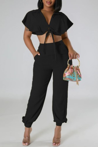 Black Casual Solid Frenulum V Neck Short Sleeve Two Pieces