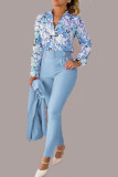 Deep Blue Casual Print Patchwork Buckle With Belt Turndown Collar Long Sleeve Two Pieces(Without Coat)