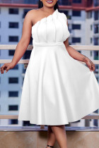 ホワイト エレガント ソリッド パッチワーク フォールド オブリーク カラー イブニングドレス ドレス