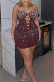 Brown Sexy Party Hot Drilling Bandage Hollowed Out Hot Drill Strapless Sheath Dresses