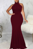 Red Elegant Solid Patchwork Half A Turtleneck Evening Dress Dresses