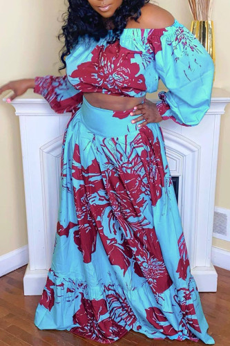 Blue Casual Print Patchwork Off the Shoulder Long Sleeve Two Pieces