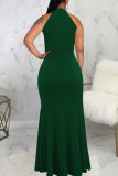 Dark Green Elegant Solid Patchwork Half A Turtleneck Evening Dress Dresses