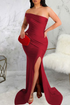 Rote sexy elegante solide Patchwork-Schlitz asymmetrische schulterfreie Abendkleider