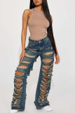 Navy Blue Street Solid Patchwork High Waist Distressed Ripped Denim Jeans