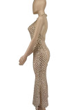 Albaricoque sexy elegante sólido taladro caliente medio cuello alto encaje vestido vestidos